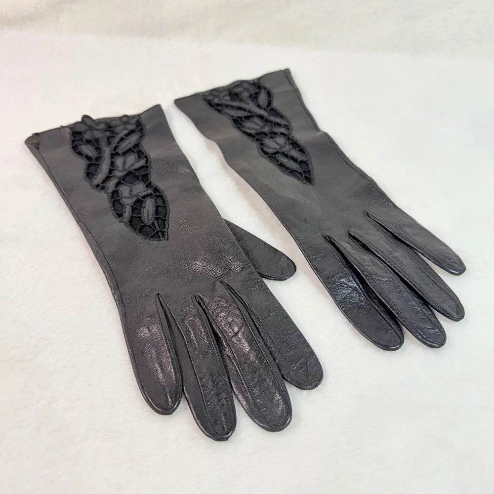 Vintage Black Leather Gloves Floral Lace Cutout Mid Length Formal Evening Womens